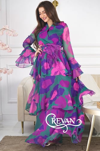 فستان مشجر طبقات مزين بحزام وردة باهداب