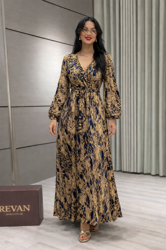 فستان طويل بنقشة فاخرة وياقة V مع حزام أناقة جذابة...