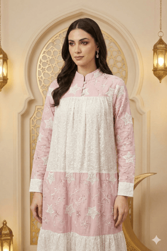 جلابية رمضانية بتطريز ناعم وقصة طبقات من ريڤــان