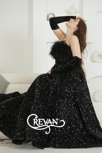 فستان ترتر توب ريش النعامة اكمام مفصولة