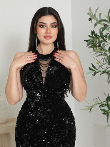 فستان سهرة ترتر فاخر بحمالات متدلية