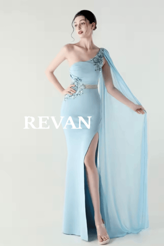 فستان سهرة بحري بكتف واحد وتطريز زهري من ريفان