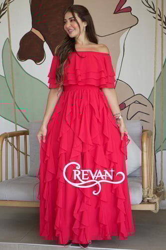 فستان ناعم شيفون ستايل اوشولدر مزين بكرانيش