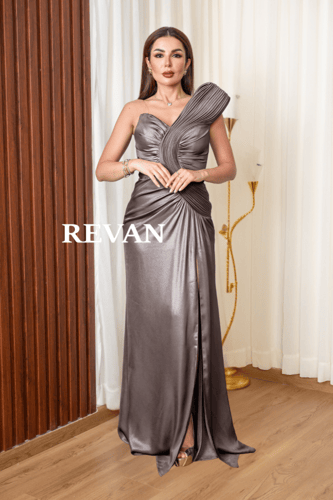 فستان سهره بكتف واحد وتصميم درابيه فاخر