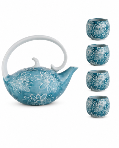 Handmade Blue Floral Ceramic Tea Set – Teapot with...