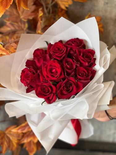 Baby Rose Red bouquet with white wrapping