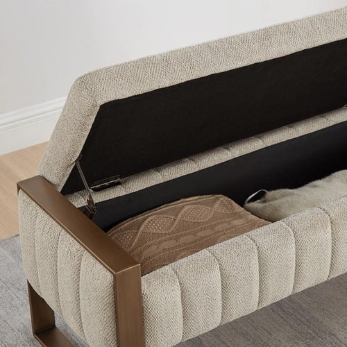 مقعد بنش قماش بمساحة تخزين من أفالون لون كريمي