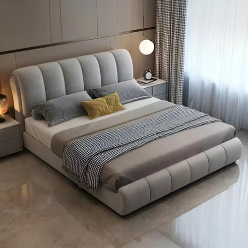 سرير عصري بتنجيد فاخر وخطوط رأس عمودية من أليسان