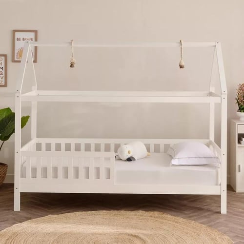 سرير أطفال مع سياج فردي خشب ابيض مصمم علي شكل منزل...