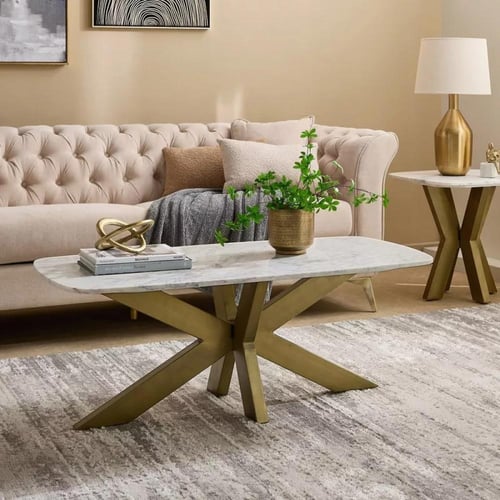 طاولة قهوة فورلينا بسطح رخام ابيض و ارجل معدن ذهبي