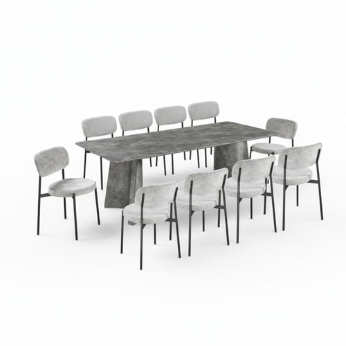 طاولة طعام لياندرا خشب رمادي مع 10 كراسي قماش رماد...