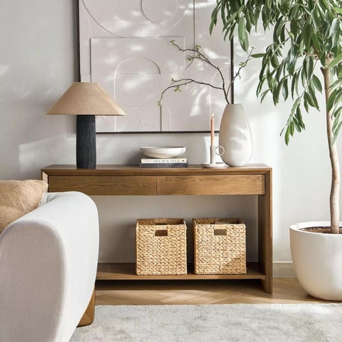 طاولة كونسول لافيا خشب زان برف و 2 درج لون خشبي