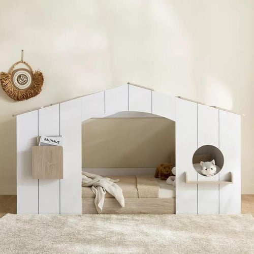 سرير أطفال فردي خشب هندسي ابيض بتصميم منزل - من أل...