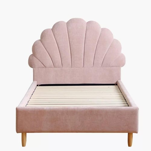 سرير فردي منجد بكامل قماش وردي مصنوع من خشب هندسي...