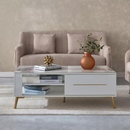 طاولة قهوة سيلفيانا بسطح من الحجر الملبد بدرج و رف...