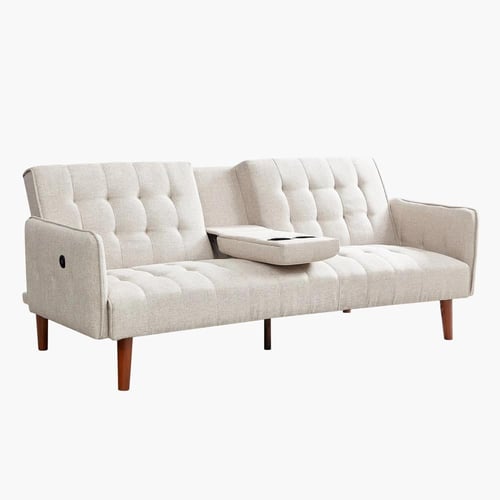 كنبة سرير قماش 3 مقاعد مع 2 حامل أكواب وشاحن يو إس...