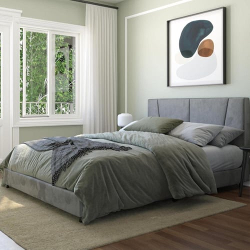 سرير فيلفيت بظهر منجد بقماش مخمل باللون الرمادي