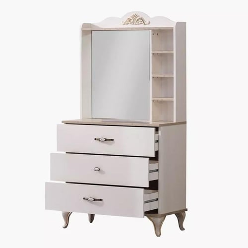 طاولة تزيين بمرآة و 3 أدراج ومساحة تخزين وأرفف من...