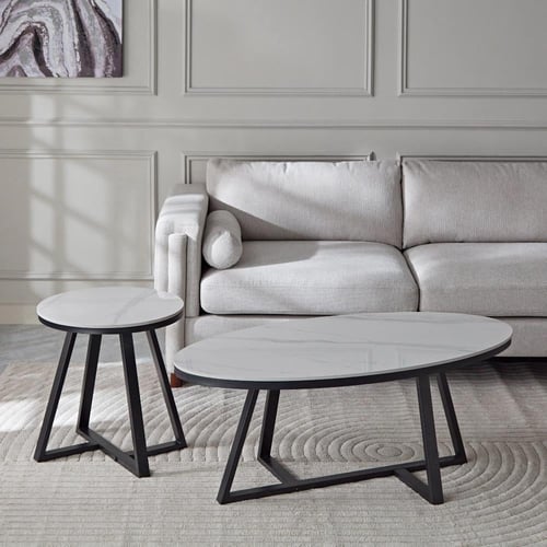 طقم طاولة قهوة برشلونة حجر بقواعد معدن - 2 حبة