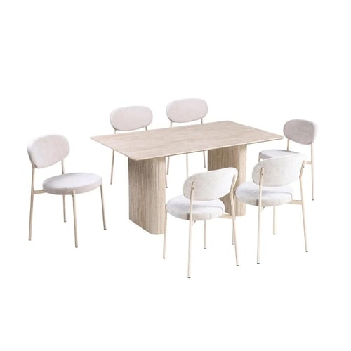 طاولة طعام بيانكا خشب بيج مع 6 كراسي قماش كريمي بأ...