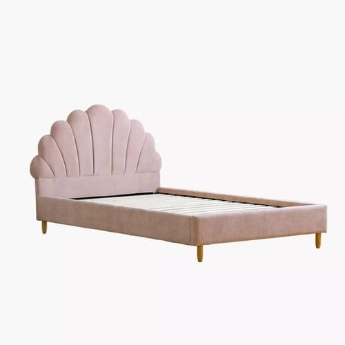 سرير فردي منجد بكامل قماش وردي مصنوع من خشب هندسي...