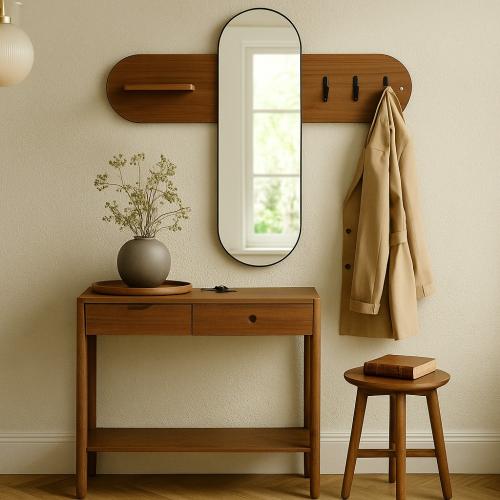 مرآة جدارية عصرية مع رف خشب بني وعلّاقات تضيف تنظي...