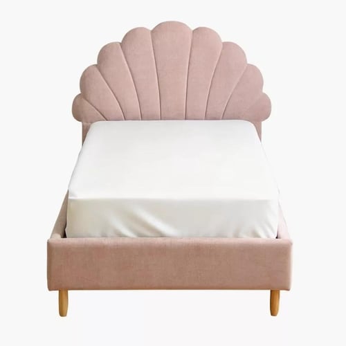 سرير فردي منجد بكامل قماش وردي مصنوع من خشب هندسي...