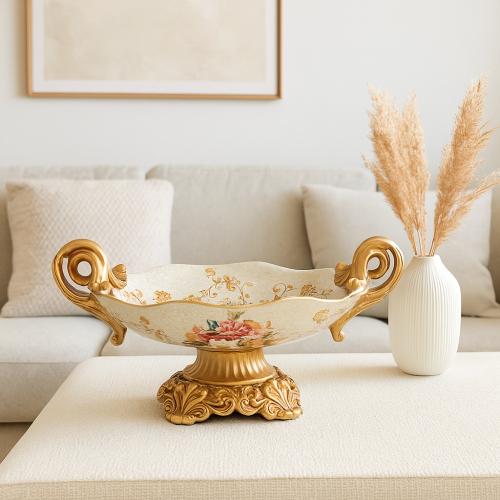 صحن ثمار الوُدّ ريزن لون ذهبي مع اوف وايت مزخرف قط...