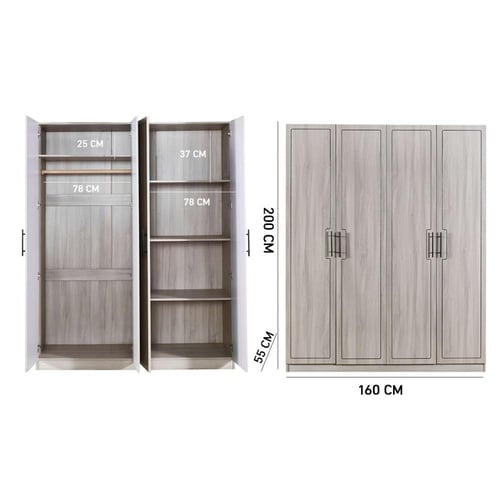 دولاب ملابس أليسيا خشب لون رمادي فاتح 4 باب بتصميم...