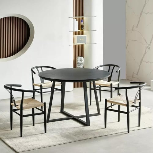 طاولة سفرة مستديرة سطح خشب طبيعي لون بأرجل معدن لو...