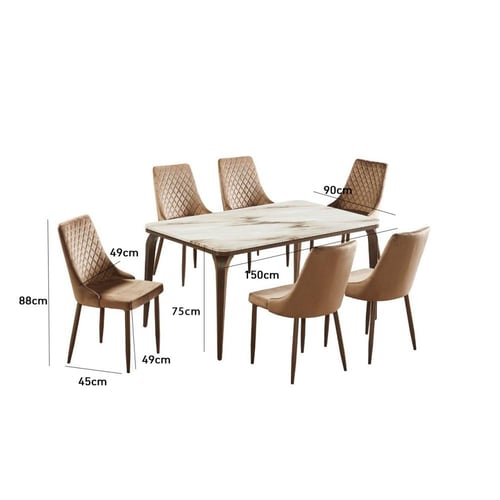 طاولة طعام جوليا سطح بديل الرخام 6 كراسي قماش مخمل...