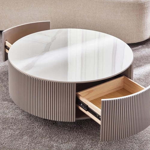 طقم طاولات قهوة أكرا من الحجر الملبد بقاعدة خشب -...