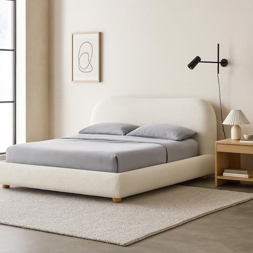 سرير سيمبل منجد بقماش كتان بلون أوف وايت