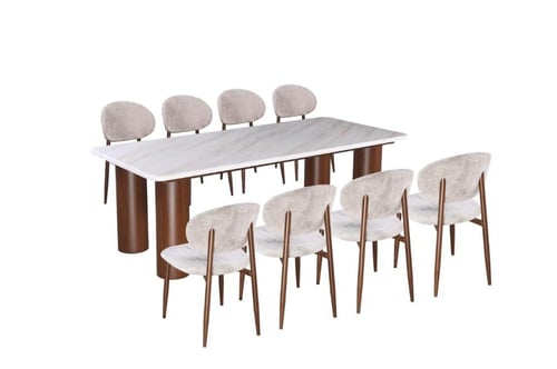 طاولة طعام بيليندا سطح رخام قاعدة معدن بني مع 8 كر...