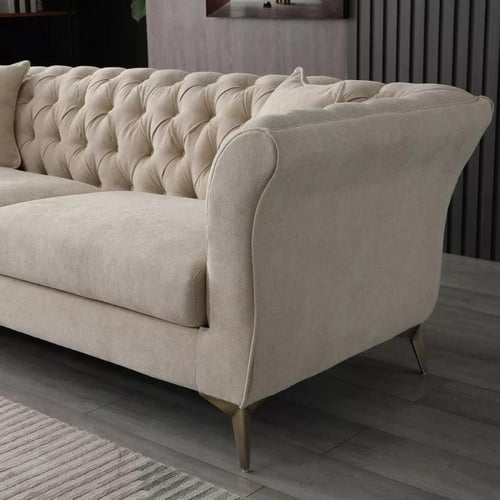 كنبة آريا 3 مقاعد مع وسادتين قماش مخملي لون بيج با...