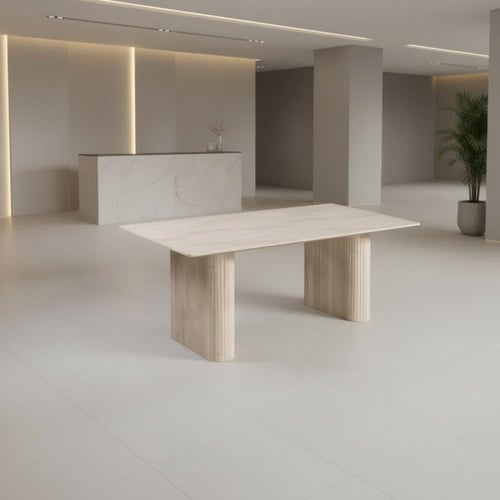 طاولة طعام بيانكا خشب بيج مع 8 كراسي قماش كريمي فا...