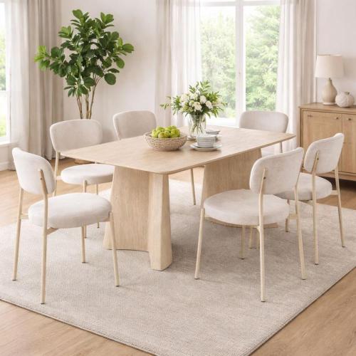 طاولة طعام لياندرا خشب بيج مع 6 كراسي قماش كريمي ب...