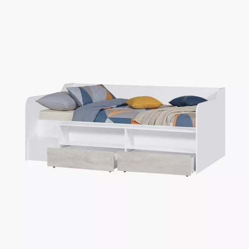 سرير فردي منخفض بدرجين تخزين ورفين مفتوحين من خشب...