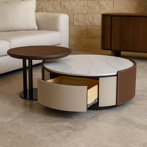 طقم طاولات فاخر بتصميم عصري يجمع بين الجلد والمعدن...