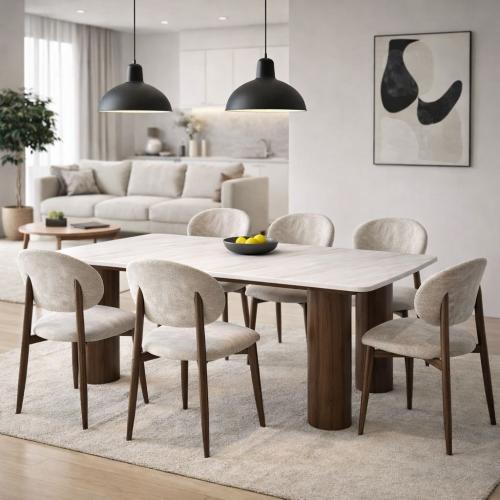 طاولة طعام بيليندا سطح رخام قاعدة معدن بني مع 6 كر...