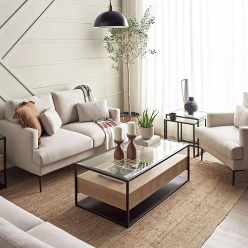 طاولة قهوة توسكانا بسطح زجاجي و هيكل معدني مع 2 در...