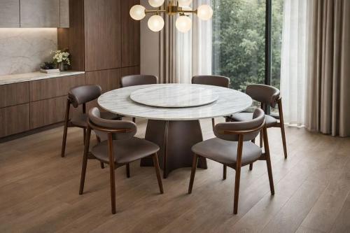 طاولة طعام إلفيرا مستديرة سطح رخام و قاعدة خشب بني...