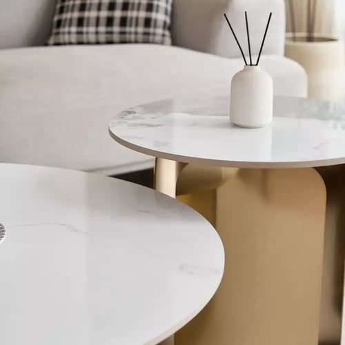 طقم طاولات قهوة بسطح حجر من أليفوس بقاعدة معدن ذهب...