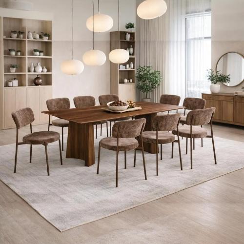 طاولة طعام لياندرا خشب بني مع 10 كراسي قماش بني فا...