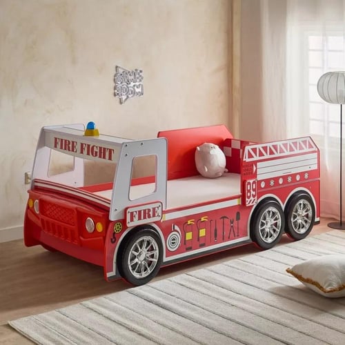 سرير أطفال فردي خشب هندسي احمر بتصميم شاحنة إطفاء...