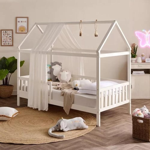 سرير أطفال مع سياج فردي خشب ابيض مصمم علي شكل منزل...