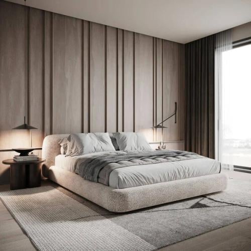 سرير سونك نفر و نص منجد بقماش بوكليه لون بيج