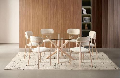 طاولة طعام زجاج دائري 6 كراسي قماش بيج بتصميم عصري...