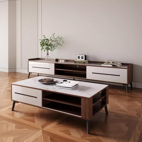 طاولة قهوة لوريناي سطح و درج من الحجر الملبد مع رف...