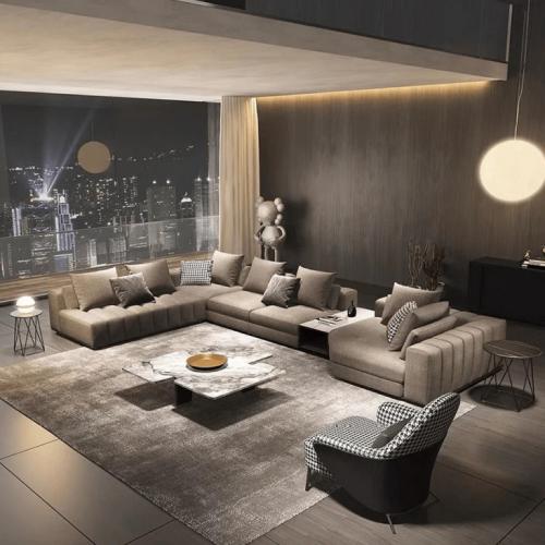 كنب زاوية ميرونا على شكل حرف L - قماش شانيل بني فا...